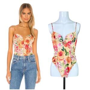 For Love & Lemons | Versilla Floral Satin Plunge Corset Revolve Bodysuit Size XS
